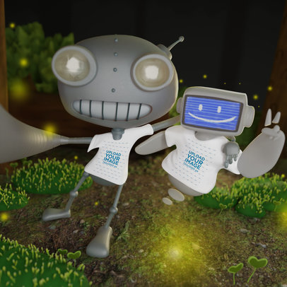 Illustrated T-Shirt Mockup Featuring a Funny Robot Taking a Selfie with a Friend