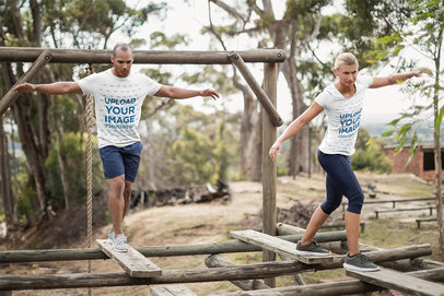 T-Shirt Mockup Featuring Two Recruits at an Obstacle Camp