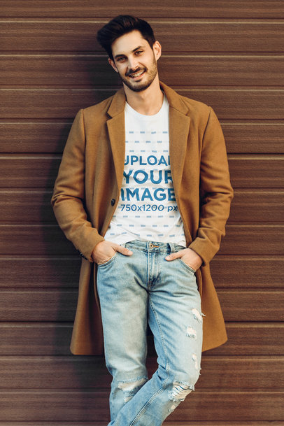 T-Shirt Mockup Featuring a Trendy Man Leaning Against a Wall in the Fall Season 40158-r-el2