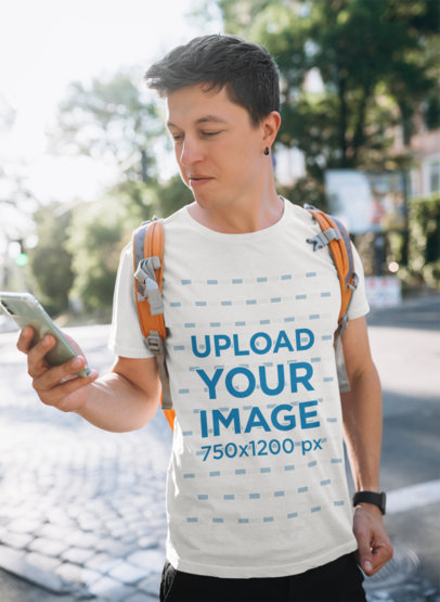 T-Shirt Mockup Featuring a Man Checking His Mobile 40713-r-el2