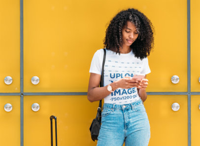 T-Shirt Mockup Featuring a Young Woman and a Colorful Background