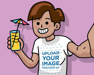 Illustrated T-Shirt Mockup of a Cartoonish Man Taking a Selfie with a Cocktail 