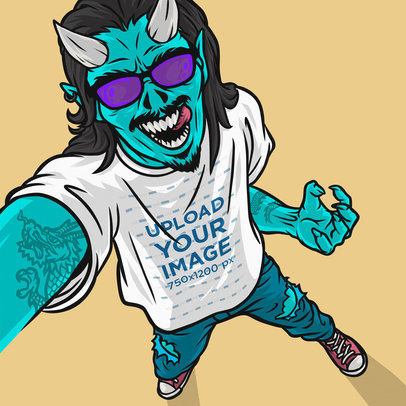Illustrated Mockup of a Green Tattooed Demon Taking a Selfie While Wearing a T-Shirt