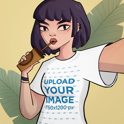T-Shirt Mockup Featuring an Illustrated Woman Taking a Selfie