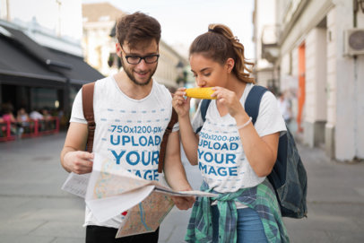 V-Neck T-Shirt Mockup Featuring a Couple Traveling 40364-r-el2