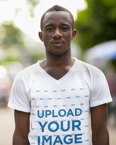 V-Neck T-Shirt Mockup of a Serious Man Standing 