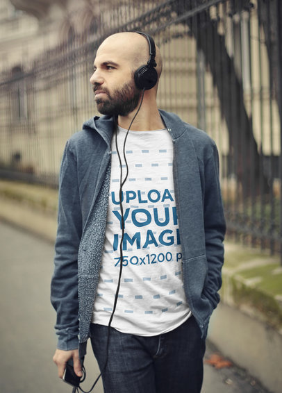 Heather T-Shirt Mockup Featuring a Bearded Man Listening to Music 37533-r-el2