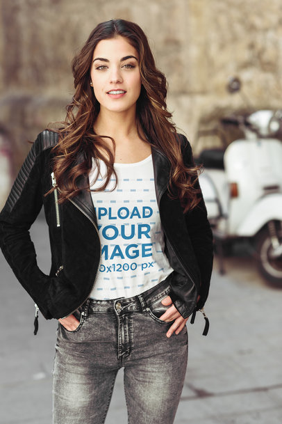 Mockup of a Stylish Woman Wearing a T-Shirt in an Urban Setting 40234-r-el2