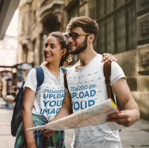 Mockup of a Couple Wearing V-Neck T-Shirts While Traveling 40701-r-el2