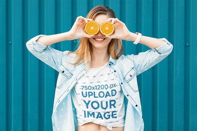 T-Shirt Mockup Featuring a Funny Woman and Some Fruits 38281-r-el2