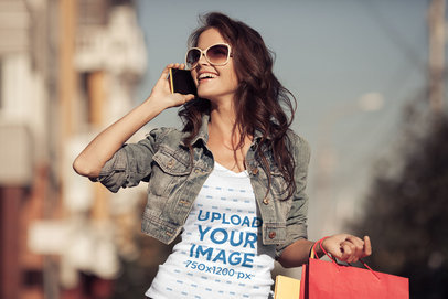 V-Neck T-Shirt Mockup of a Joyful Woman Speaking on the Phone 38604-r-el2