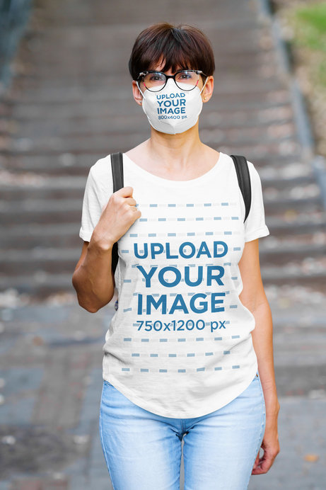 T-Shirt Mockup of a Woman with Glasses Wearing a Face Mask