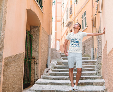 Mockup of a Man Wearing a V-Neck T-Shirt While Traveling