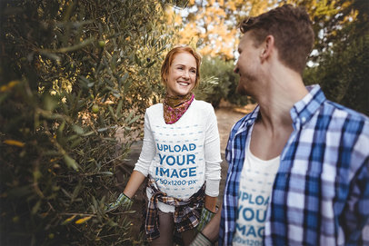 T-Shirt and Long-Sleeve Tee Mockup of a Couple Doing Some Gardening 