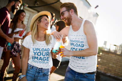 Tank Top and T-Shirt Mockup Featuring Two Friends at a Rooftop Party 40386-r-el2