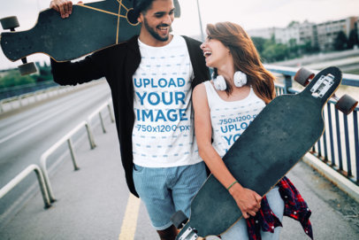 T-Shirt and Tank Top Mockup of a Skater and His Girlfriend 