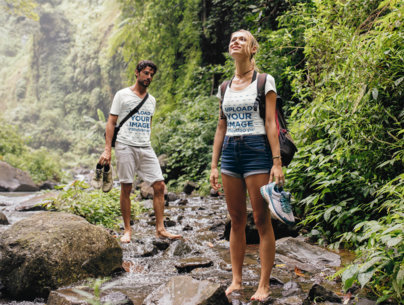 T-Shirt Mockup of a Man and a Woman on a Hike