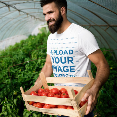 T-Shirt Mockup of a Bearded Man Harvesting Tomatoes