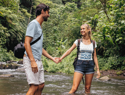 T-Shirt Mockup Featuring a Woman Hiking With Her Boyfriend 