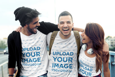 Tank Top and Tee Mockup of Three Happy Friends Walking by the Street