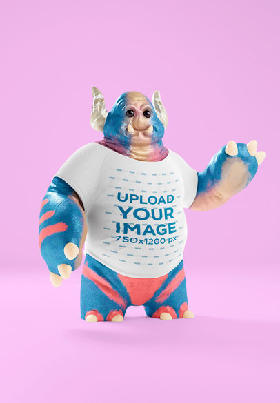 Illustrated T-Shirt Mockup Featuring a Friendly Blue Monster