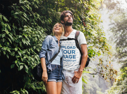 V-Neck T-Shirt Mockup of a Bearded Man Hiking With His Girlfriend