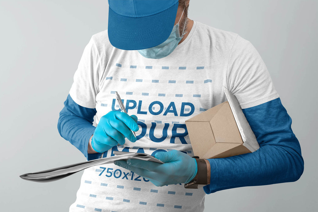T-Shirt Mockup of a Courier Man with a Package