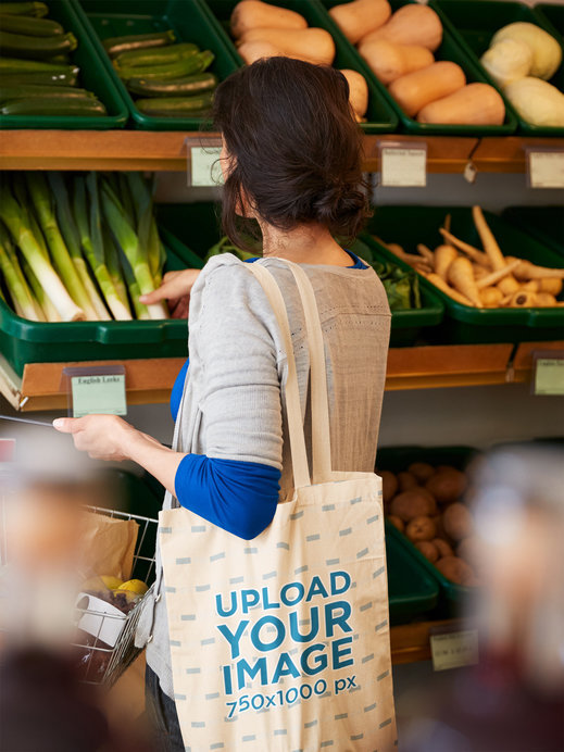 Mockup of a Woman Carrying a Grocery Bag at a Supermarket