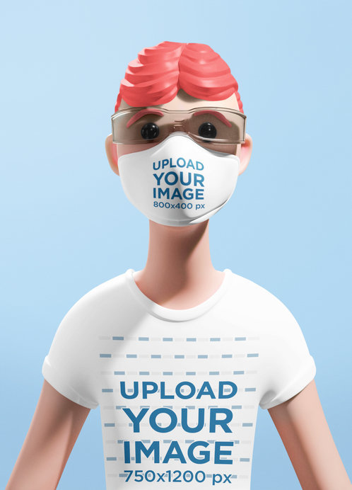 Illustrated T-Shirt Mockup of a Cartoon Character Wearing a Face Mask 