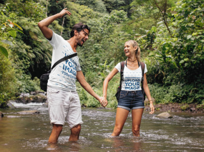 T-Shirt Mockup Featuring a Man and a Woman Crossing a River 