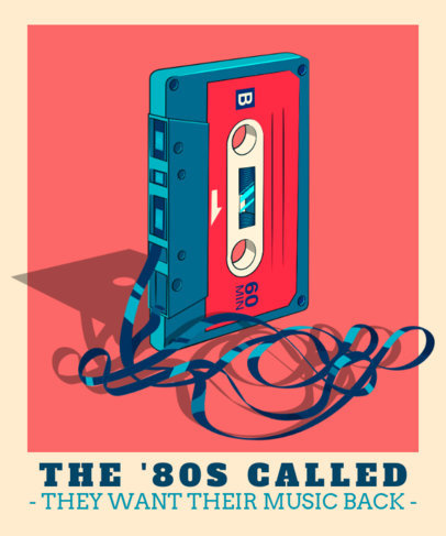 Retro T-Shirt Design Template Featuring a Cassette Clipart 