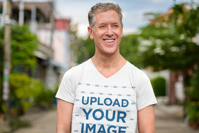 V-Neck T-Shirt Mockup of a White-Haired Man Smiling