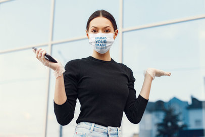 Face Mask Mockup of a Woman Wearing Gloves