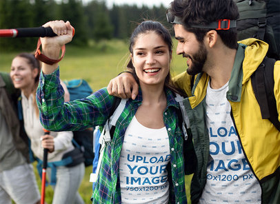 Tank Top and T-Shirt Mockup Featuring Two Friends Going for a Hike