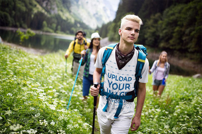 T-Shirt Mockup of a Young Man Hiking with His Friends