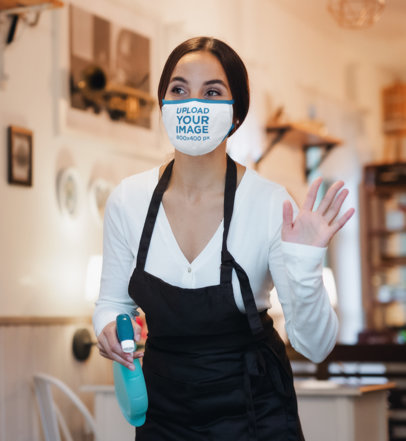 Mockup of a Waitress Wearing a Face Mask at Work