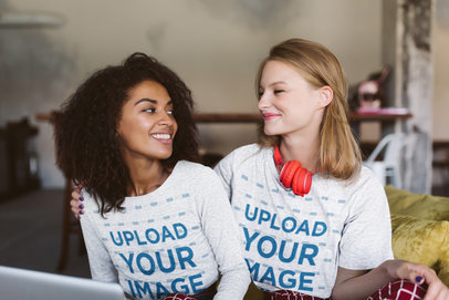 Long Sleeve Tee Mockup of a Woman Smiling to Her Friend in a T-Shirt