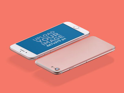 Front and Back of a Rose Gold iPhone Mockup Floating Angled on Landscape Position Over a Transparent Surface a14105