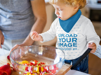 Long Sleeve Tee Mockup Featuring a Toddler Cooking With His Dad