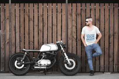 T-Shirt Mockup of a Man Posing with His Custom Motorbike 41672-r-el2