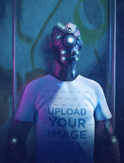 Illustrated T-Shirt Mockup Featuring a Hyperrealistic Cyborg 42616