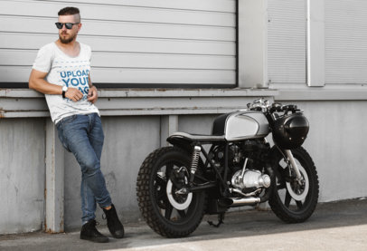 Scoop Neck Tee Mockup of a Man Standing Next to a Motorcycle 41675-r-el2