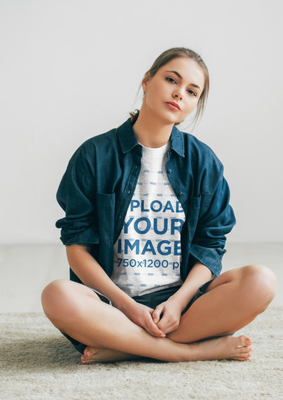 T-Shirt Mockup of a Woman Casually Sitting on the Floor 41333-r-el2