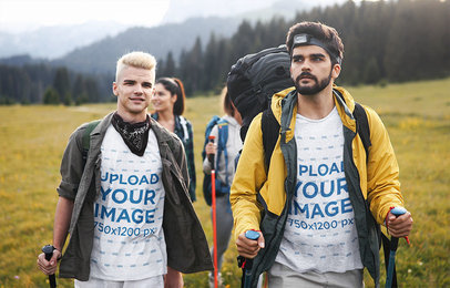 Mockup Featuring Two Friends with T-Shirts Hiking 