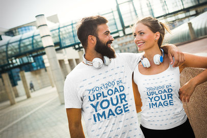 T-Shirt and Tank Top Mockup Featuring a Happy Couple 