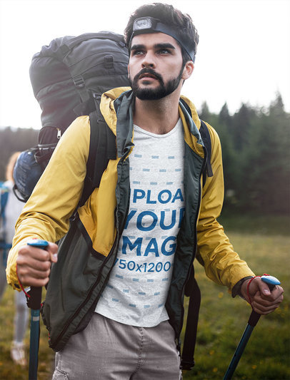 T-Shirt Mockup of a Bearded Man on a Hike