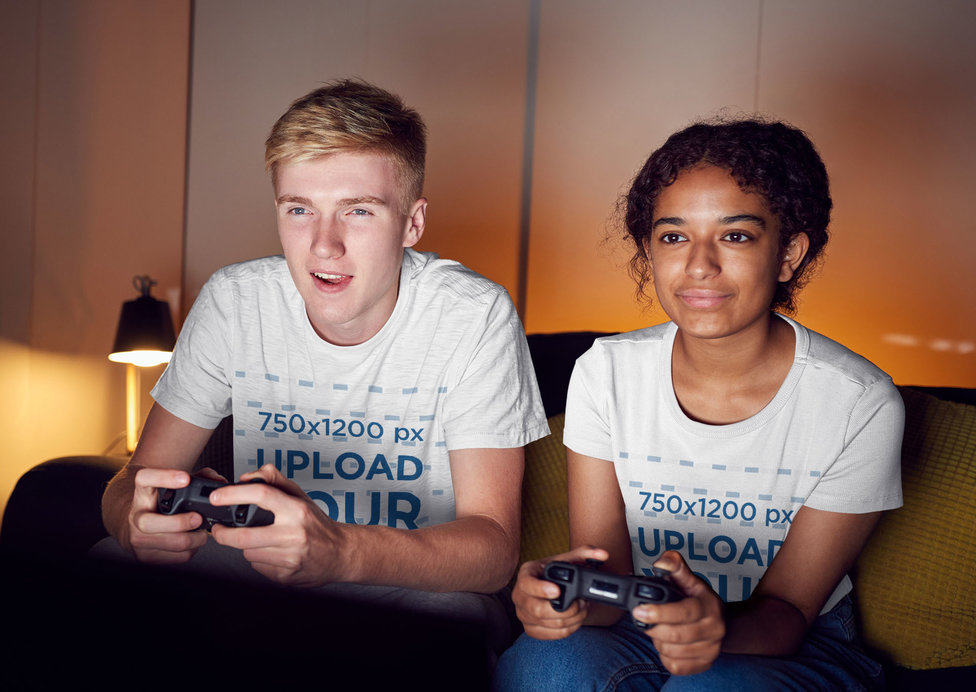 T-Shirt Mockup of a Man and a Woman Playing Video Games