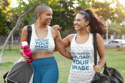 Tank Top & Sports Bra Mockup of  Two Women Walking to the Gym 