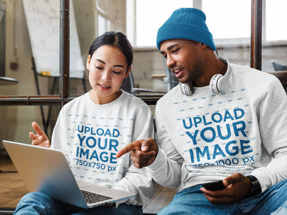 Crewneck Sweatshirt Mockup Featuring Two Coworkers Talking