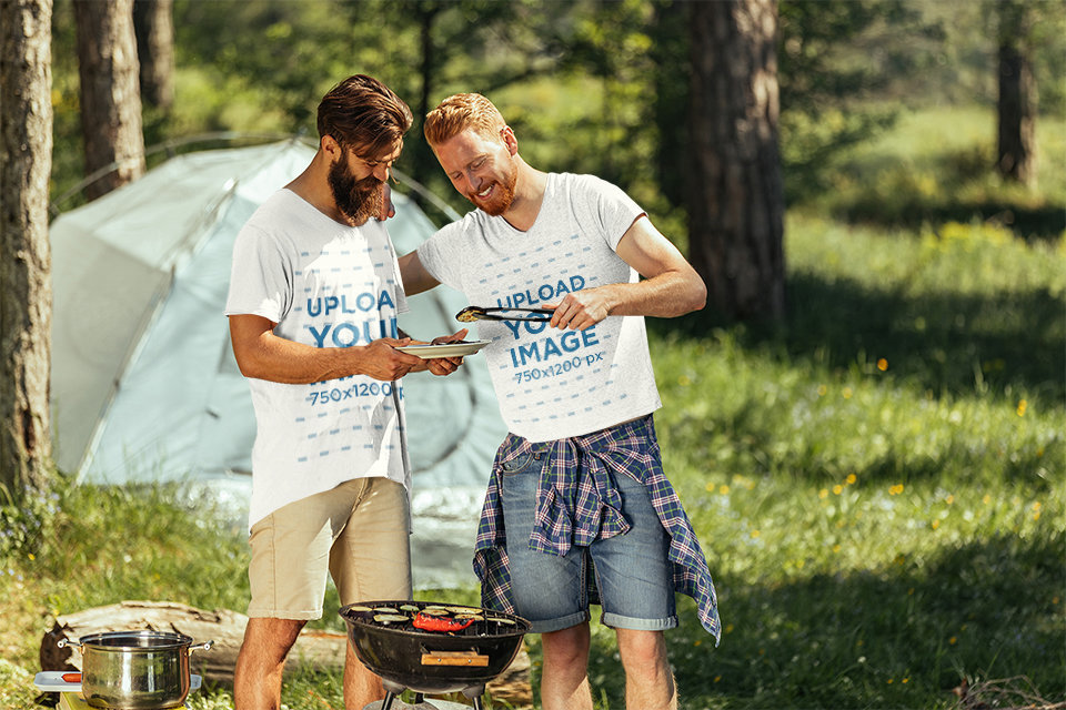 T-Shirt Mockup of Two Men Grilling Food at a Campsite